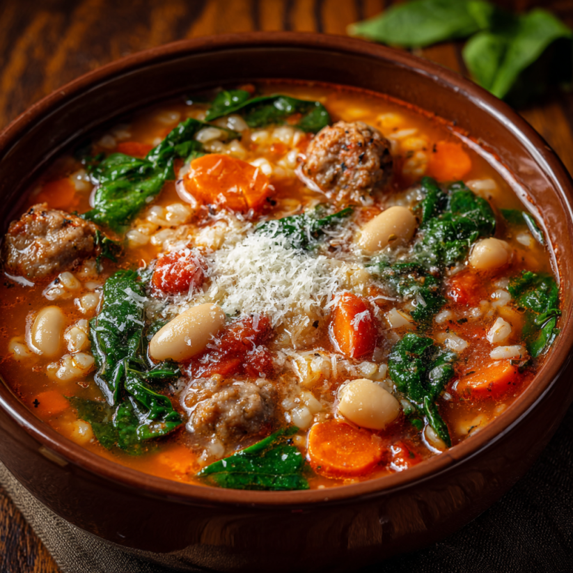 A bowl of Italian sausage soup.