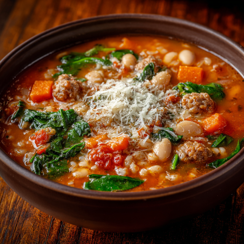 A bowl of Italian sausage soup with greens.