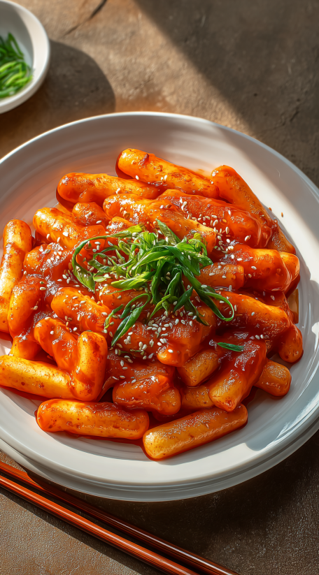 A plate of tteokbokki with a green garnish.