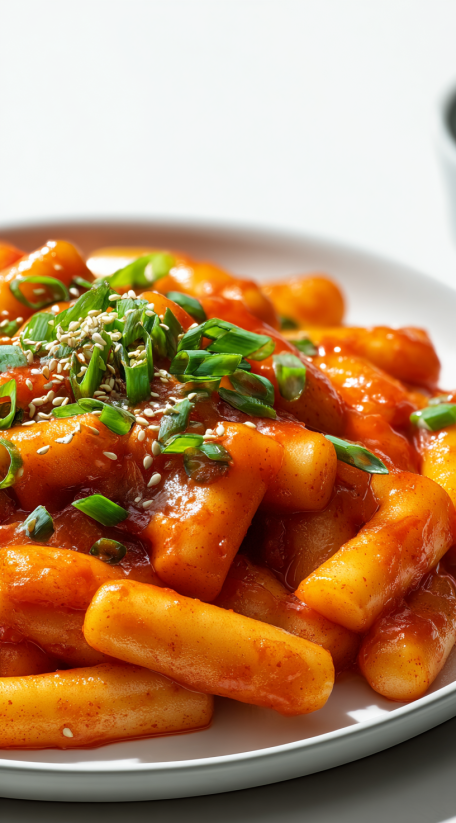 A plate of tteokbokki with vegetables and noodles.