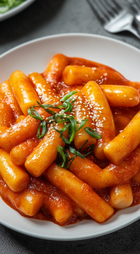 A plate of tteokbokki with noodles and vegetables.