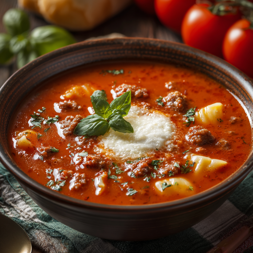 A bowl of lasagna soup with a green leaf on top.