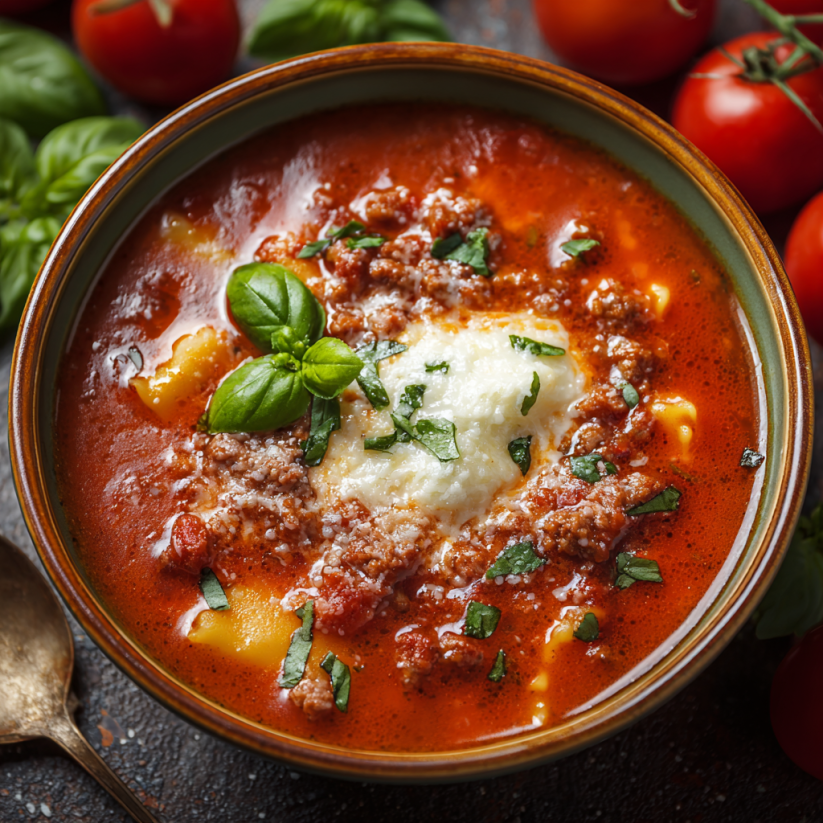 A bowl of lasagna soup with tomatoes and basil.