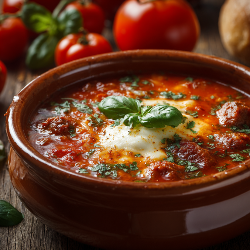 A bowl of lasagna soup with tomatoes and basil.