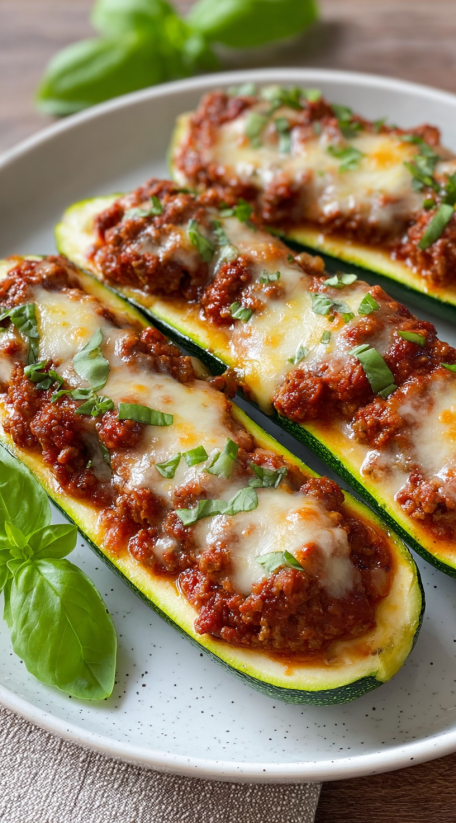 Zucchini boats with meat and cheese.