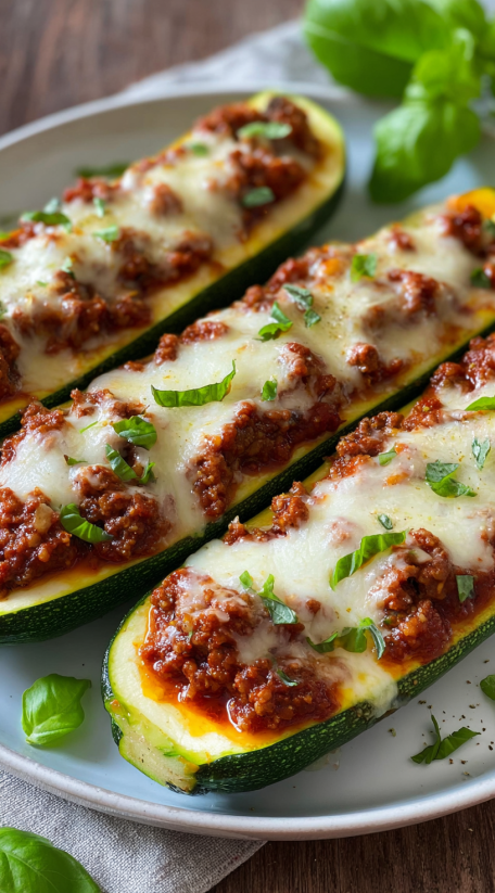 Zucchini boats with meat and cheese.