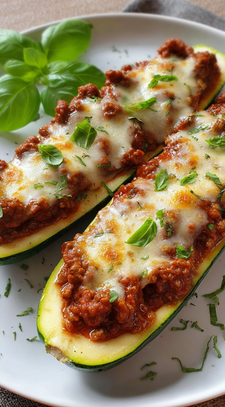 Two zucchini boats filled with meat and cheese.