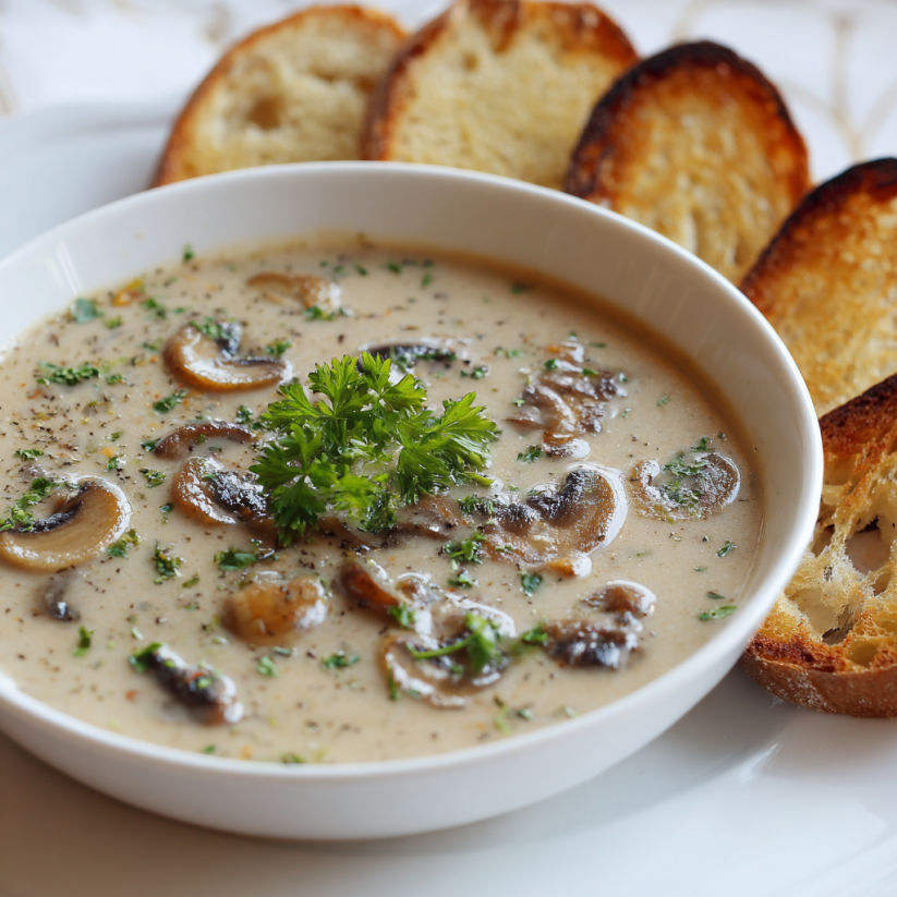 A bowl of mushroom soup with a garnish of parsley.
