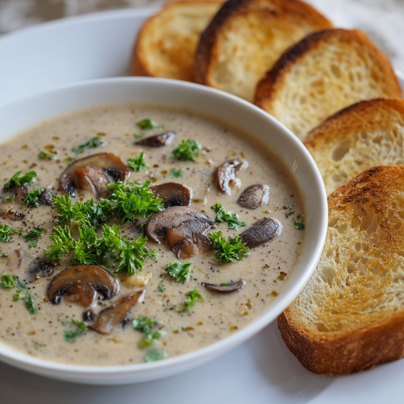 A bowl of mushroom soup with a slice of bread on the side.