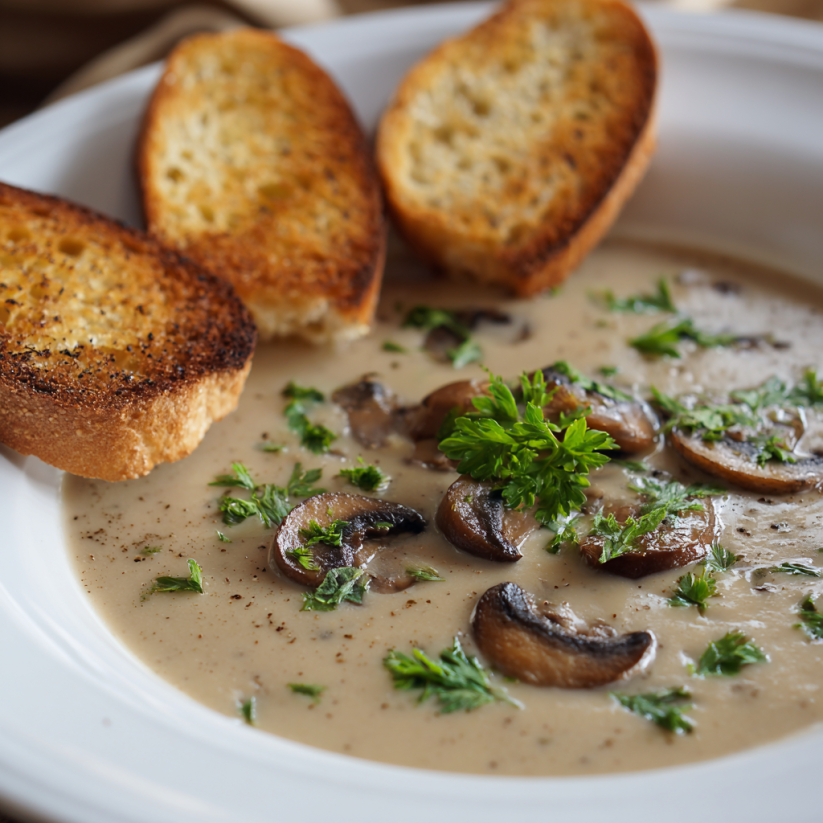 A bowl of mushroom soup with toast on the side.