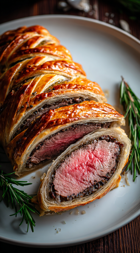 A close up of a beef wellington.