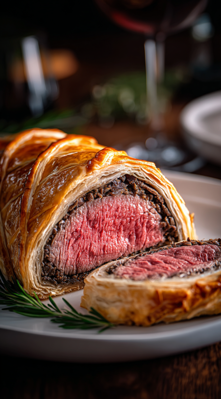A beef wellington is sliced open to reveal the meat inside.
