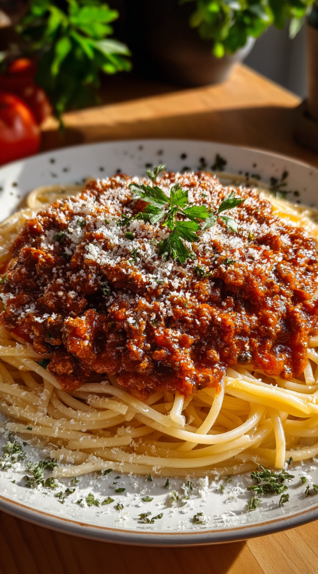 A plate of spaghetti bolognese with a sprig of parsley on top.