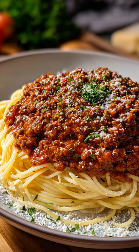 A plate of spaghetti bolognese with cheese on top.