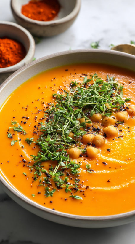 A bowl of carrot soup with green herbs on top.