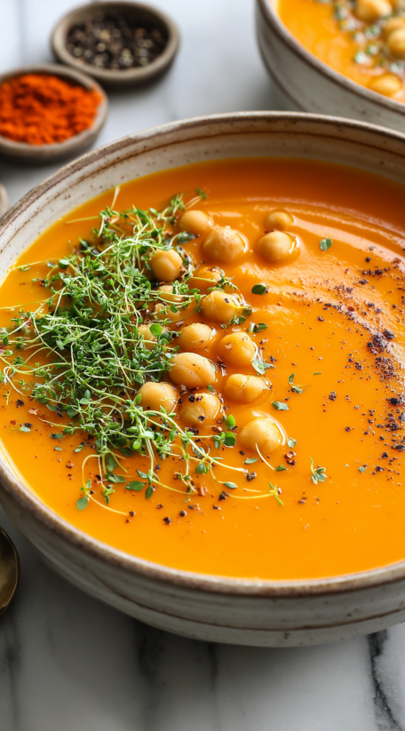 A bowl of carrot soup with green toppings.