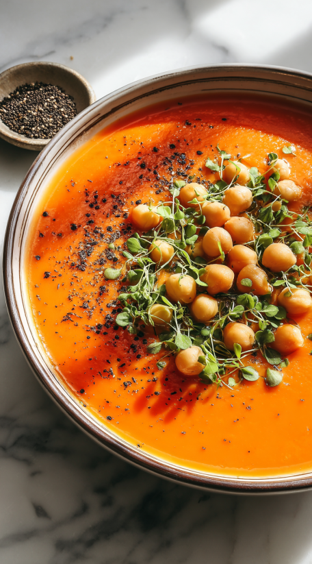A bowl of carrot soup with green toppings.
