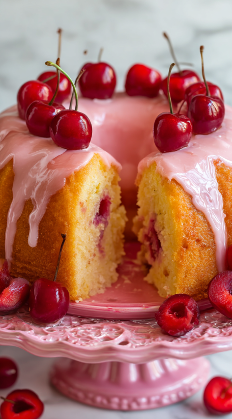 A slice of cherry cake with cherries on top.