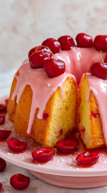 A slice of pink cake with cherries on top.