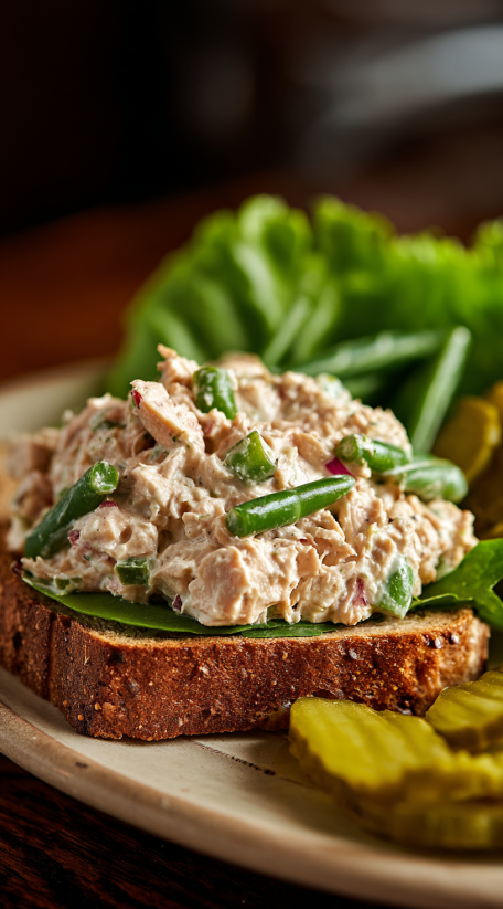 A sandwich with tuna salad and pickles.