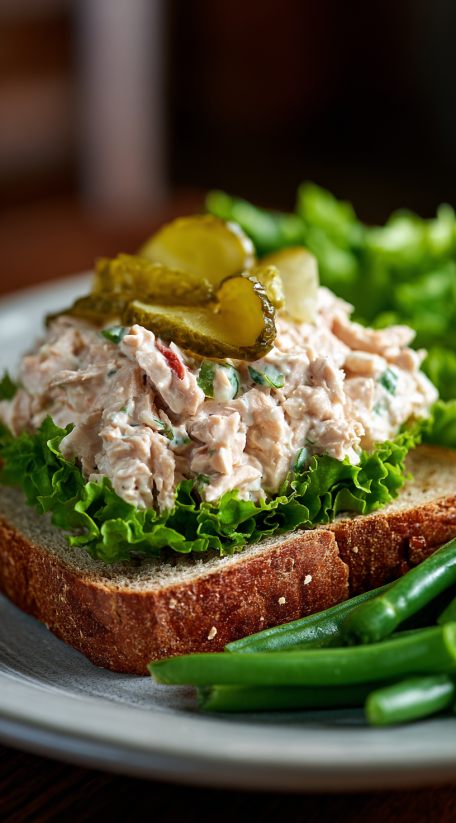 A tuna salad sandwich with pickles on top.