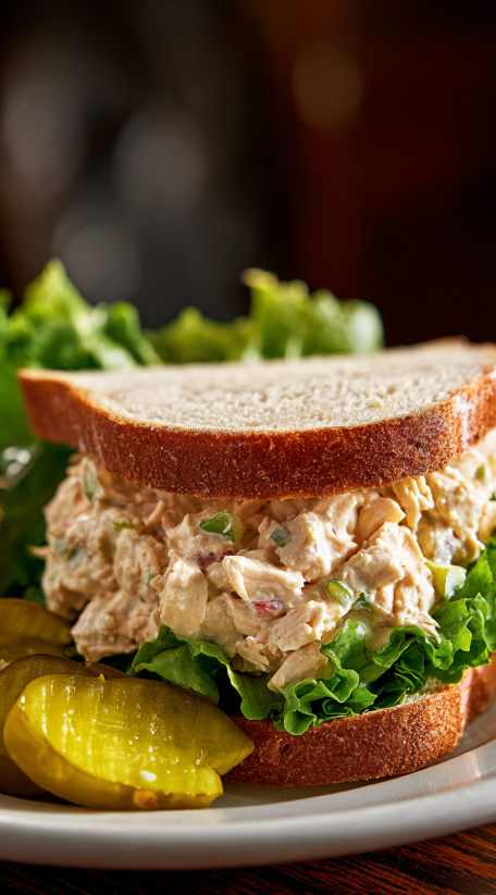 A tuna salad sandwich with lettuce and pickles.