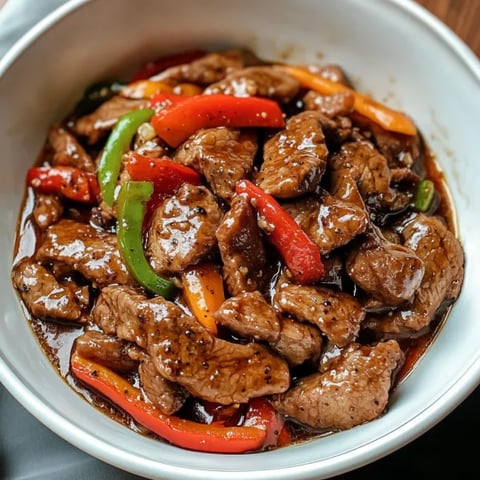 A bowl of beef and peppers.