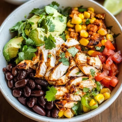 A bowl of food with chicken, beans, corn, and avocado.