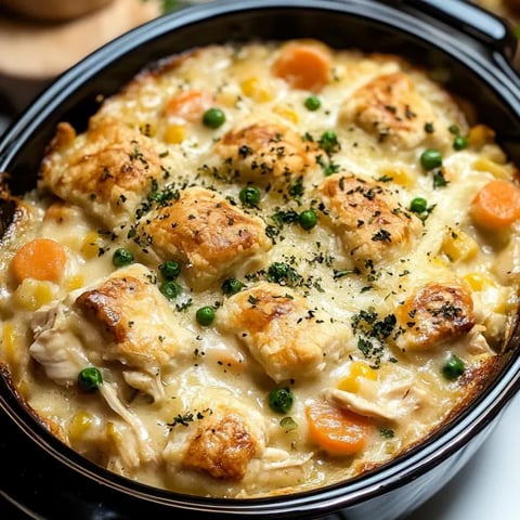 A bowl of food with chicken, peas, and carrots.