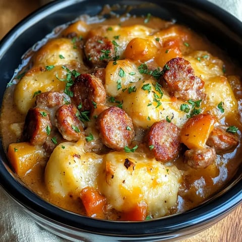 A bowl of food with sausage and potatoes.
