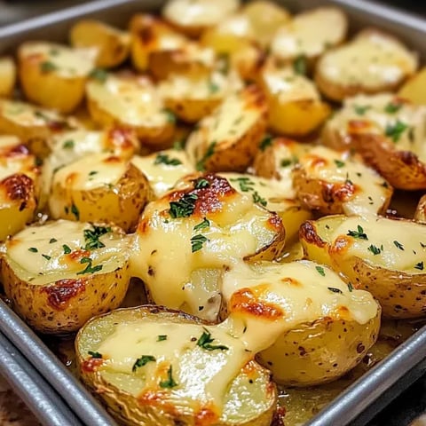 A pan of potatoes with cheese on top.