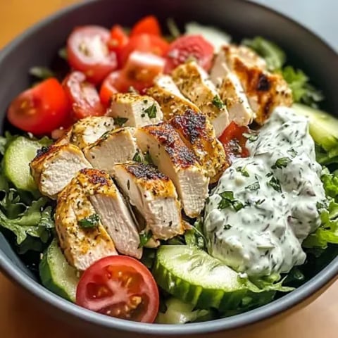 A bowl of chicken salad with tomatoes and cucumbers.