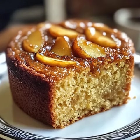 A slice of cake with apple slices layered on top.
