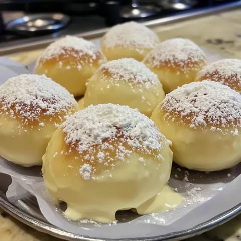 A plate piled with sugar-coated donuts and tongs ready to grab one.