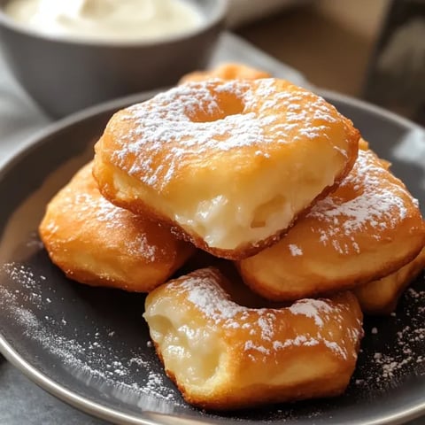 A plate with powdered donuts.