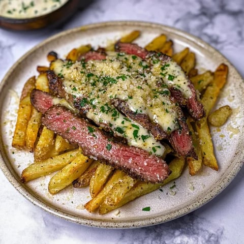 Steak and fries on a plate together.