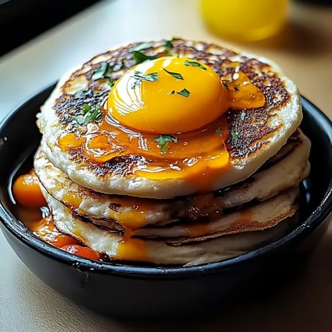 Tower of pancakes crowned with a sunny-side egg.