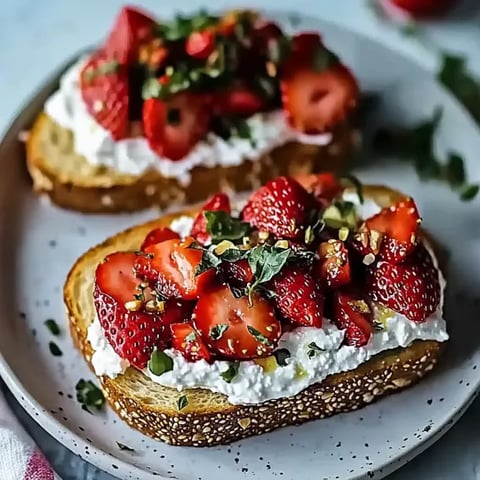 Two slices of bread topped with strawberries and whipped cheese mixture.