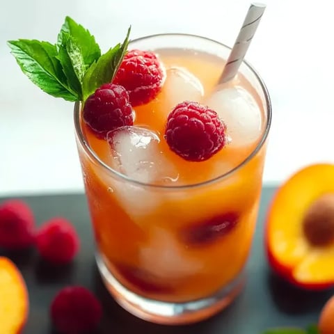 Orange-hued iced tea in a glass, garnished with raspberries.