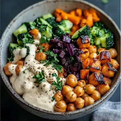 A colorful veggie bowl with white dressing.