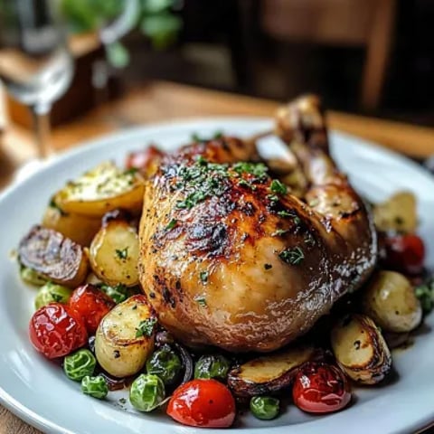 A plate of food with roasted chicken and golden potatoes.