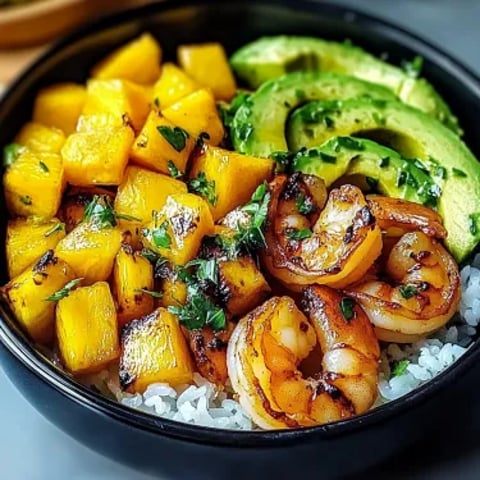 A colorful bowl packed with shrimp, chunks of avocado, and pineapple pieces.