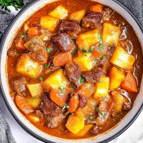 A bowl of stew with meat and vegetables.