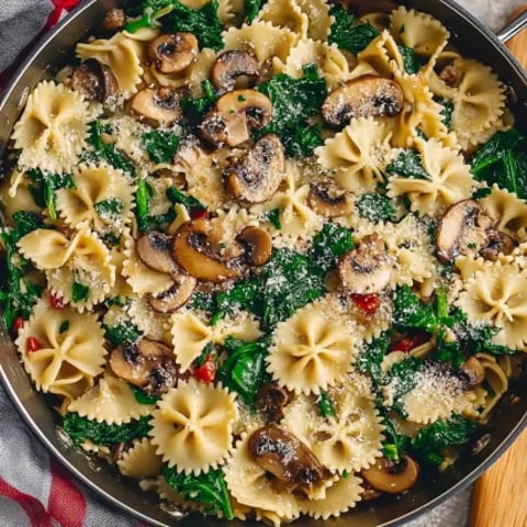 A pan of pasta with mushrooms and spinach.