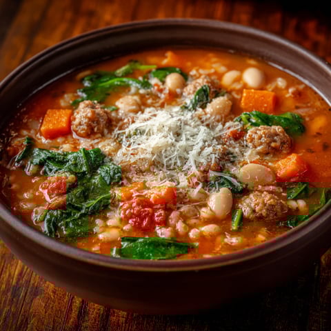 A bowl of Italian sausage soup with greens.